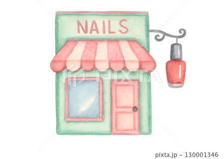 ネイルサロンの建物 水彩イラスト PNG 透過背景 130001346