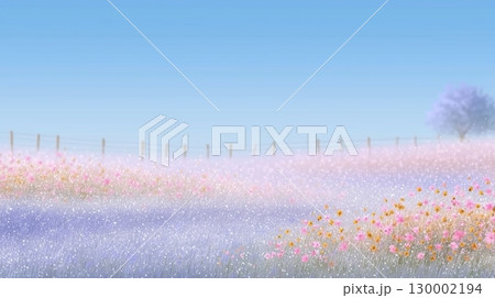 春の花畑と青空 広がる野原の風景 130002194