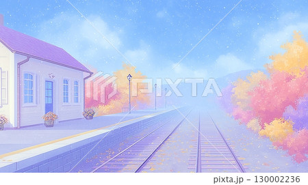 紅葉に包まれた秋の田舎駅とホームの風景 130002236