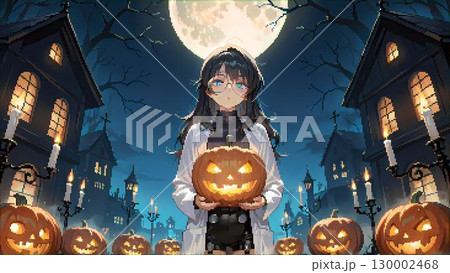 ハロウィンの街並みとマッドサイエンティストの衣装を着た女性のドット絵 130002468
