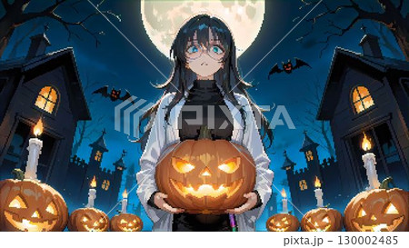 ハロウィンの街並みとマッドサイエンティストの衣装を着た女性のドット絵 130002485