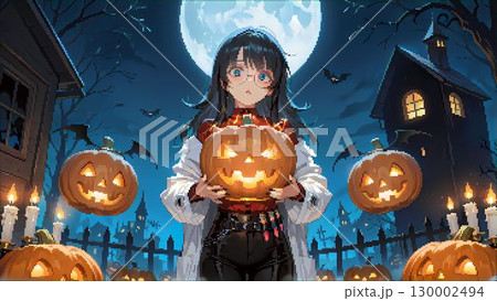 ハロウィンの街並みとマッドサイエンティストの衣装を着た女性のドット絵 130002494