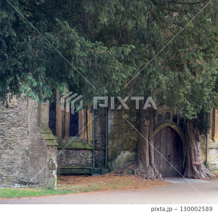 Ancient Church Entrance Surrounded by Lush Foliage Ancient Church Entrance Surrounded by Lush Foliage 130002589