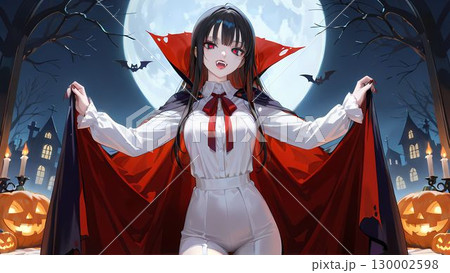 ハロウィンにドラキュラの衣装を着た女性のイラスト 130002598