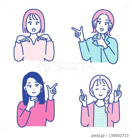 色々な方向を指差す若い女性のイラスト素材 色々な方向を指差す若い女性のイラスト素材 130002713