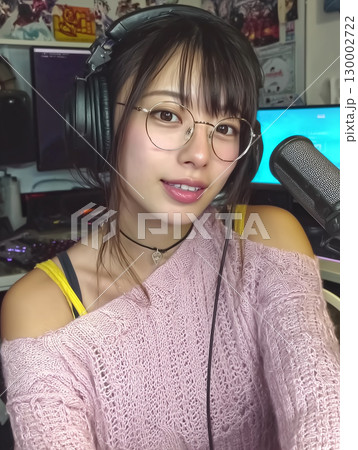 ヘッドホンを着けたアジア系女性ストリーマーのポートレート ヘッドホンを着けたアジア系女性ストリーマーのポートレート 130002722