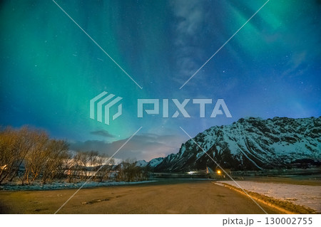 Lofoten Norway, aurora borealis northern lights winter landscape at Gimsoystraumen Rasteplas 130002755