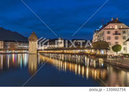 Lucerne (Luzern) Switzerland night city skyline at Chapel Bridge 130002756