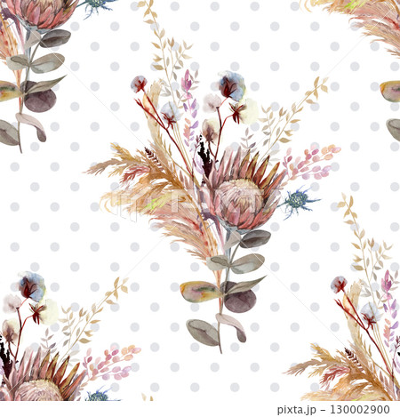 Botanical seamless pattern with bouquet of dried protea flowers and tropical dried flowers Botanical seamless pattern with bouquet of dried protea flowers and tropical dried flowers 130002900