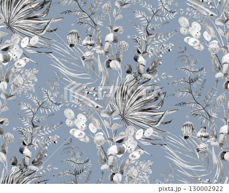 Seamless watercolor monochrome pattern with tropical palm leaves and herbs Seamless watercolor monochrome pattern with tropical palm leaves and herbs 130002922