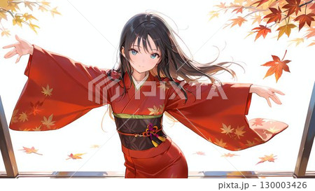 紅葉の葉と白い背景で赤い着物を着たの若い女性のイラスト 130003426