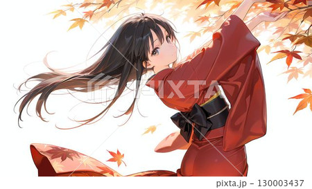 紅葉の葉と白い背景で赤い着物を着たの若い女性のイラスト 130003437
