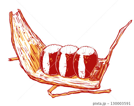 竹皮の包みを広げた3個の丸い海苔むすびと添えられた青菜の漬け物　筆描き・2色塗り 130003591