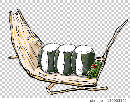 Three round nori rice balls unwrapped in bamboo skin, served with pickled greens. Brush-drawn and matte finish. 130003592