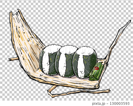 Three round nori musubi wrapped in bamboo leaves and served with pickled greens, woodblock print style 130003593