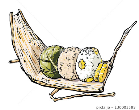 竹皮の包みを広げた菜物の漬け物・玄米・栗ご飯の秋のおむすびと添えられた沢庵漬け　筆描き・マット塗り 130003595