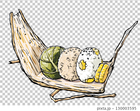 竹皮の包みを広げた菜物の漬け物・玄米・栗ご飯の秋のおむすびと添えられた沢庵漬け　筆描き・マット塗り 130003595