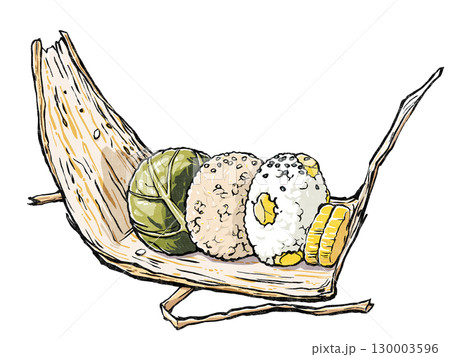 竹皮の包みを広げた菜物の漬け物・玄米・栗ご飯の秋のおむすびと添えられた沢庵漬け　版画風 130003596