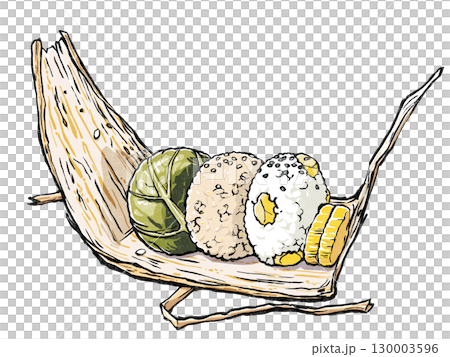 竹葉包裹的秋季飯糰,內含醃菜、糙米、栗子飯和醃蘿蔔,木版畫風格 竹葉包裹的秋季飯糰,內含醃菜、糙米、栗子飯和醃蘿蔔,木版畫風格 130003596