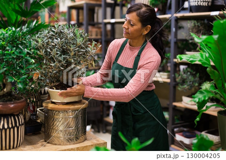 Latin woman working in plant shop Latin woman working in plant shop 130004205