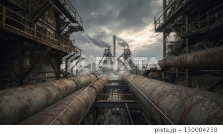 Rusty pipe, decaying industrial complex, smoke, overcast sky, abandoned, dramatic mood 130004218