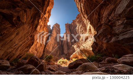Desert canyon rocky landscape narrow sky sunlight dramatic arid nature adventure 130004225