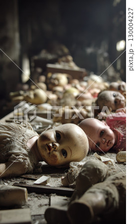 Abandoned doll factory broken doll head scattered dust eerie decay childhood lost Abandoned doll factory broken doll head scattered dust eerie decay childhood lost 130004227