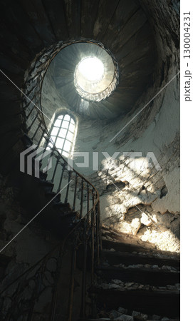 Crumbling lighthouse interior spiral staircase, sunlight, rustic, dramatic, abandoned 130004231