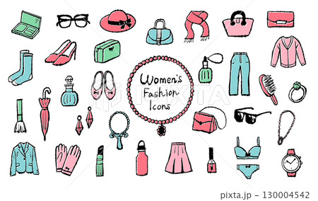 手描きの女性ファッションアイテムのイラストセット 手描きの女性ファッションアイテムのイラストセット 130004542