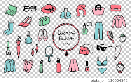 手描きの女性ファッションアイテムのイラストセット 手描きの女性ファッションアイテムのイラストセット 130004542