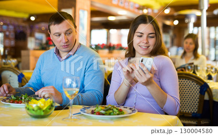 Man and woman look at the screen of his smartphones during lunch in restaurant 130004580