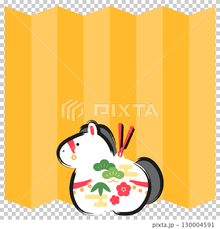 馬年新年賀卡材料 | 屏風和馬形陶鈴的方形橫幅插圖 130004591