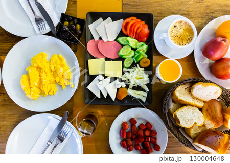 Composition with breakfast on the table. Halal breakfast 130004648