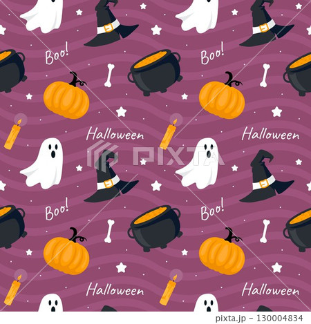 Happy Halloween Night Festival Seamless Pattern Design with Spooky Elements in a Cartoon Illustration Template 130004834