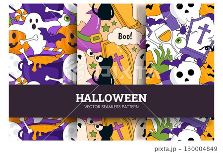 Happy Halloween Night Festival Seamless Pattern Design with Spooky Elements in a Cartoon Illustration Template 130004849