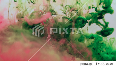 Fume fluid. Paint blend. Colorful mix swirl art water drip blob defocused pigment spread flow. Abstract green pink white liquid background. 130005036