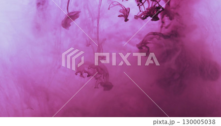 Pigment drop water. Steam flow. Purple paint drip in mystic liquid. Art color fume emulsion twist blend defocused abstract background. 130005038