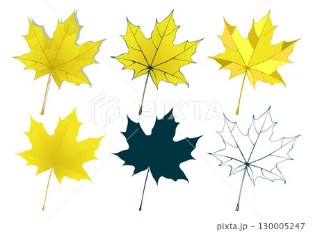 Set of hand-drawn yellow-gold autumn colored maple leaves isolated on white background. Flat and line styles vector illustration. Set of hand-drawn yellow-gold autumn colored maple leaves isolated on white background. Flat and line styles vector illustration. 130005247