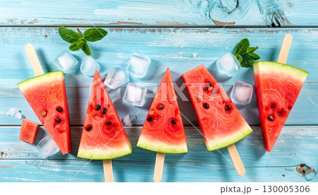 Ice pop watermelon on a blue background is a healthy and fresh summer fruit dessert 130005306