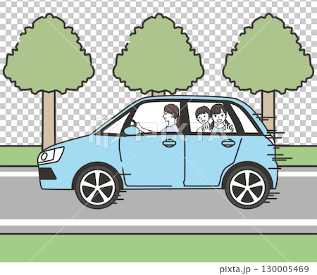 Mother drives with her children on a fun drive along a tree-lined road 130005469
