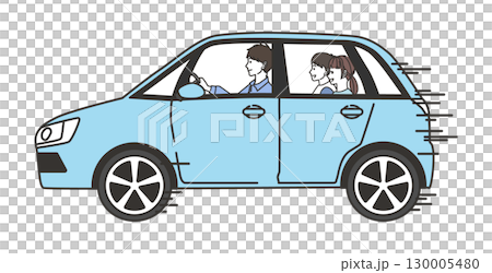 A car drive with a father driving and two children in the back seat 130005480