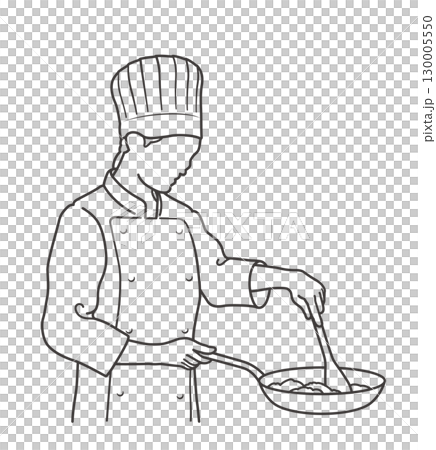 Vector line drawing illustration of a chef holding a frying pan 130005550