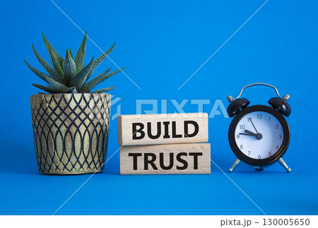 Build trust symbol. Wooden blocks with words Build trust. Beautiful blue background with alarm clock and succulent plant. Business and Build trust concept. Copy space. 130005650