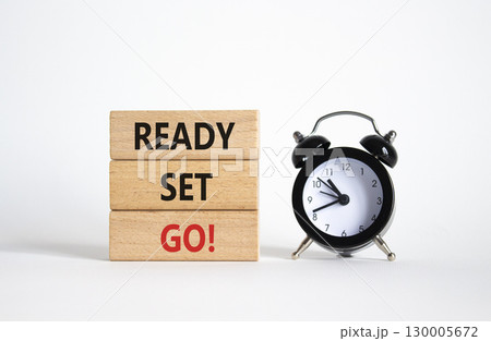 Ready Set Go symbol. Concept words Ready Set Go on wooden blocks. Beautiful white background with alarm clock. Business and Ready Set Go concept. Copy space. Ready Set Go symbol. Concept words Ready Set Go on wooden blocks. Beautiful white background with alarm clock. Business and Ready Set Go concept. Copy space. 130005672