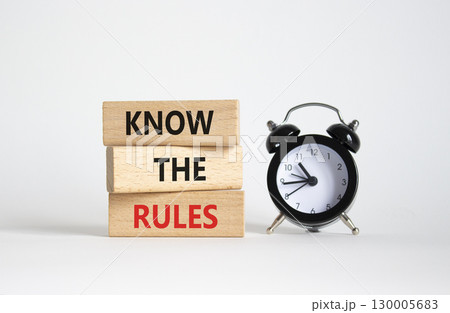 Know the rules symbol. Wooden blocks with words Know the rules. Beautiful white background with alarm clock. Business and Know the rules concept. Copy space. 130005683