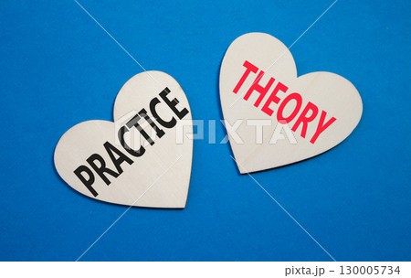 Theory or Practice symbol. Concept word Theory or Practice on wooden hearts. Beautiful blue background. Business and Theory or Practice concept. Copy space 130005734