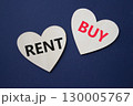 Rent or Buy symbol. Concept word Rent or Buy on wooden hearts. Beautiful deep blue background. Business and Rent or Buy concept. Copy space 130005767