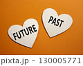 Future or Past symbol. Concept word Future or Past on wooden hearts. Beautiful orange background. Business and Future or Past concept. Copy space 130005771