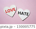 Love vs Hate symbol. Concept word Love vs Hate on wooden hearts. Beautiful pink background. Business and Love vs Hate concept. Copy space 130005775