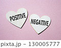 Positive or Negative symbol. Concept word Positive or Negative on wooden hearts. Beautiful pink background. Business and Positive or Negative concept. Copy space 130005777